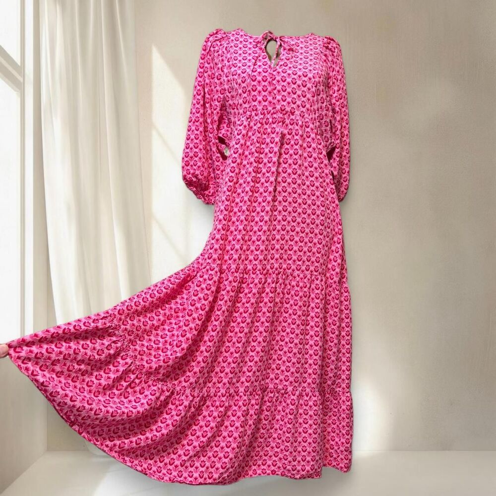 Boho Cottage Festival Block Print Pink Feminine Maxi Dress